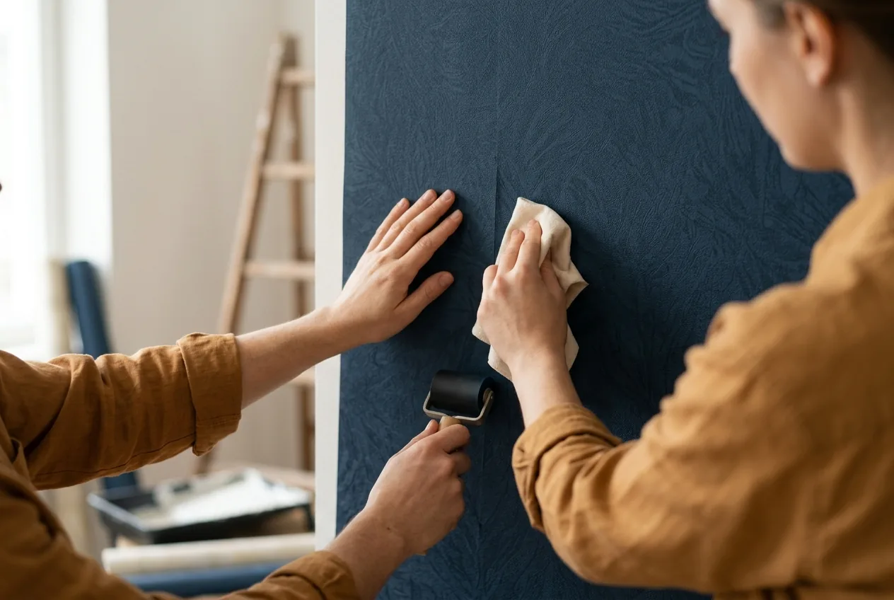 Handen brengen naadloos fotobehang aan met een roller