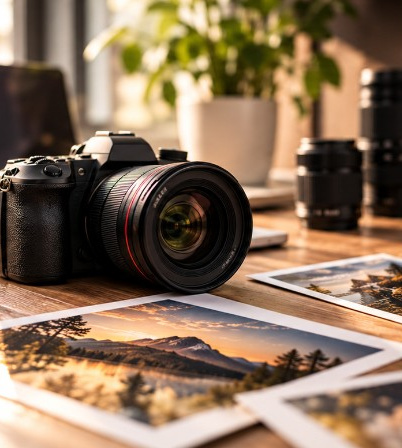 Camera met afgedrukte foto's op een bureau