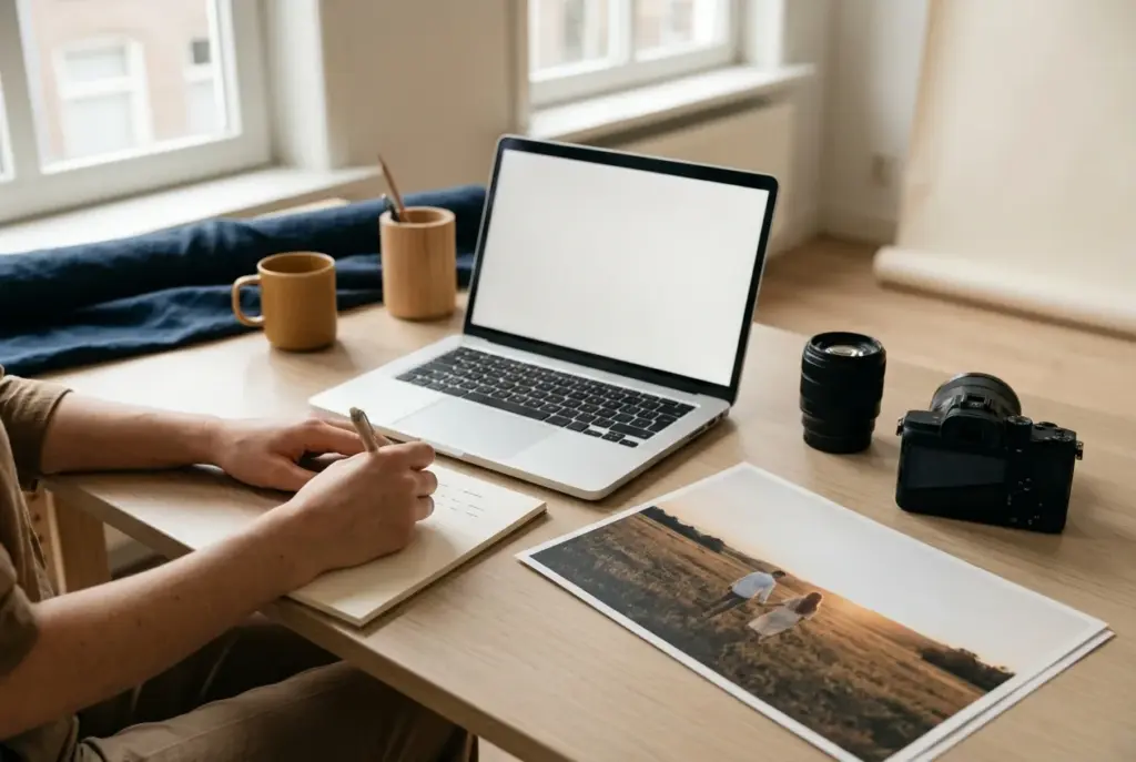 Overzichtelijk bureau met camera, laptop, print en notities bij het beoordelen van een offerte