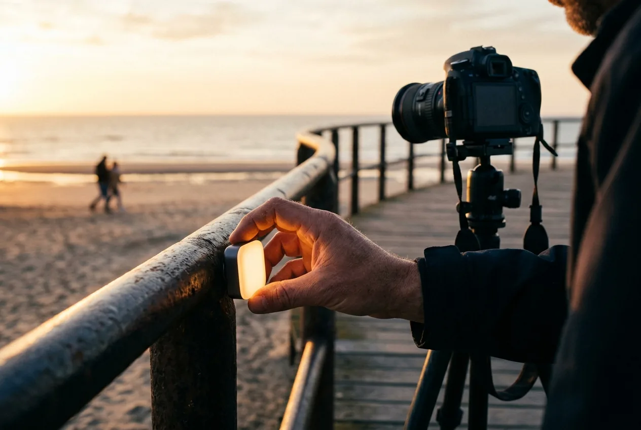 Fotograaf plaatst pocketlampje met magneet op metalen hek bij zonsondergang
