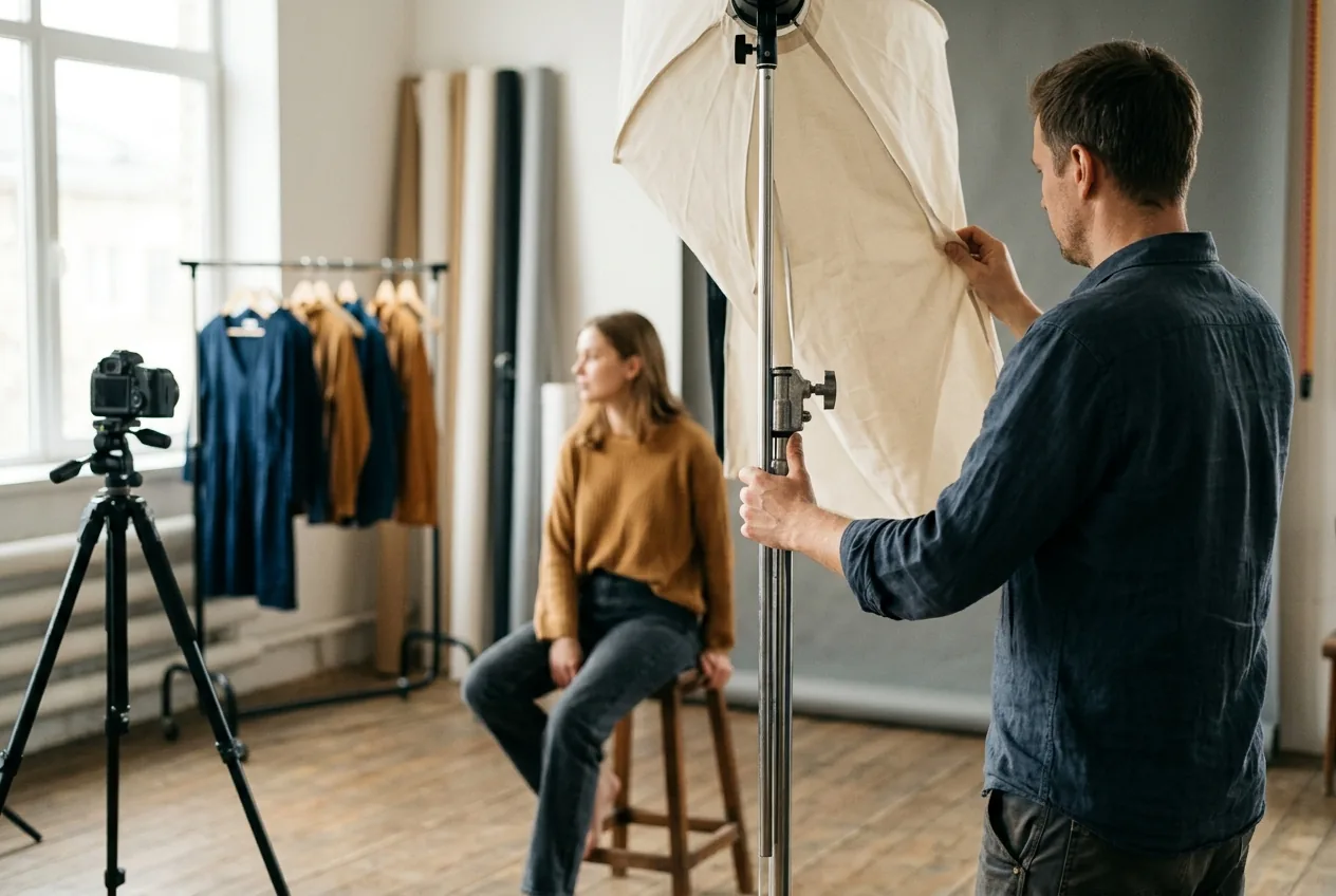 Fotograaf stelt licht en camera af in een ruime studio, met kledingrekken op de achtergrond