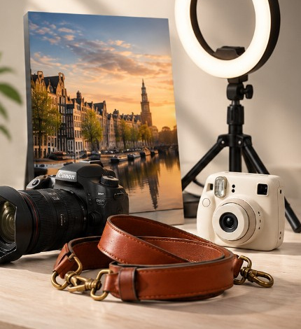 Dibond, ringlamp, instant camera en leren camerariem