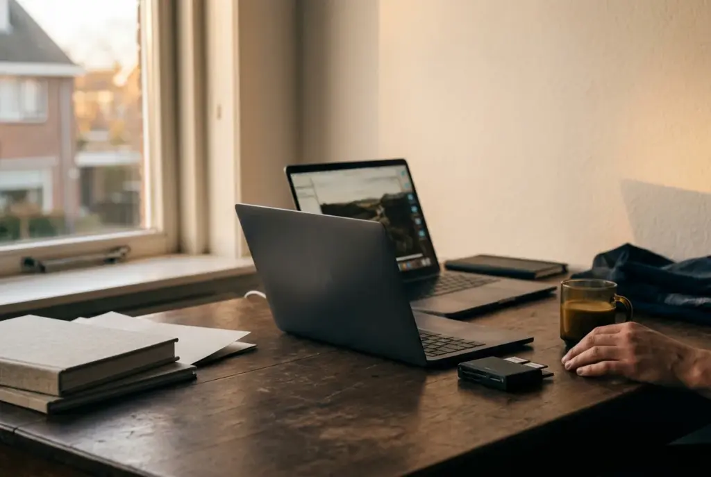 Werkplek met laptop, kaartlezer en koffie in avondlicht
