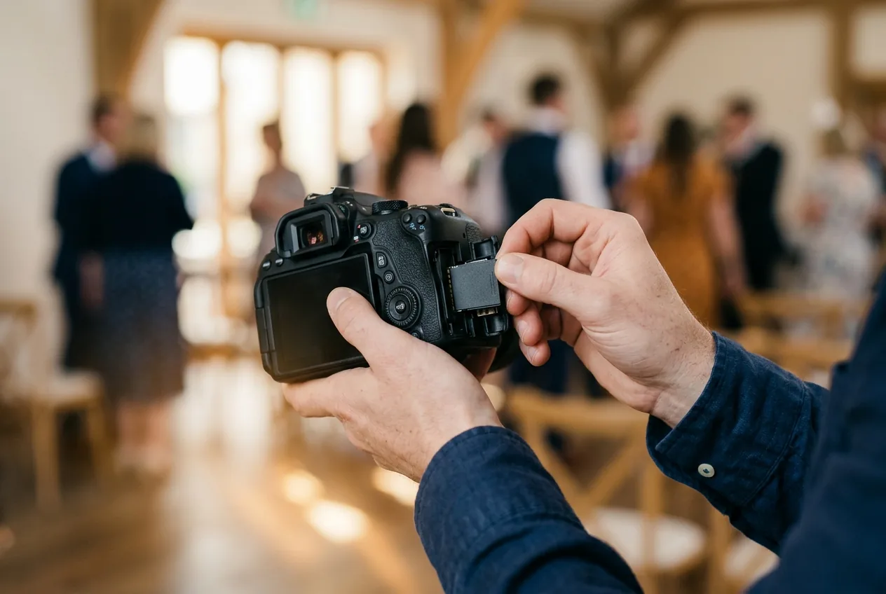 Fotograaf plaatst een geheugenkaart in de camera tijdens een evenement