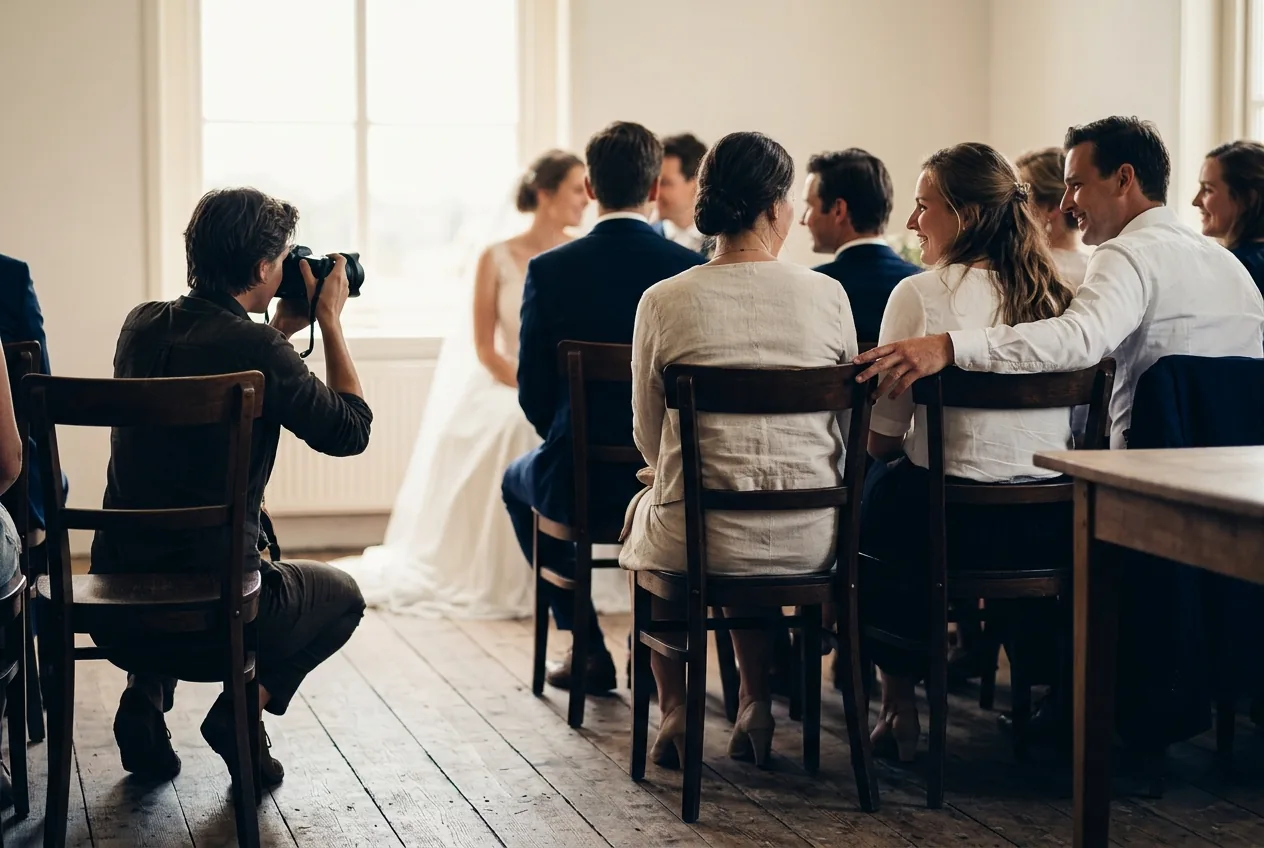 Fotograaf op de achtergrond bij een bruiloft voert onopvallend zijn werk uit
