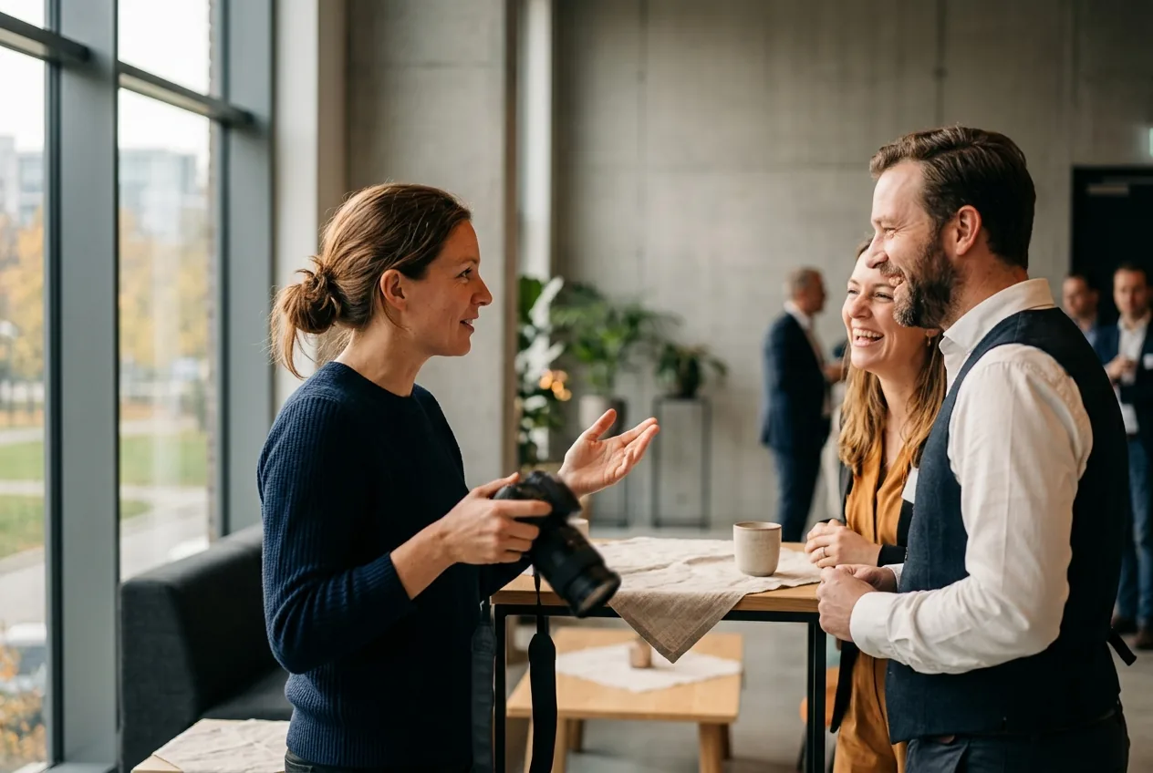 Fotograaf overlegt met organisatoren tijdens een evenement op locatie
