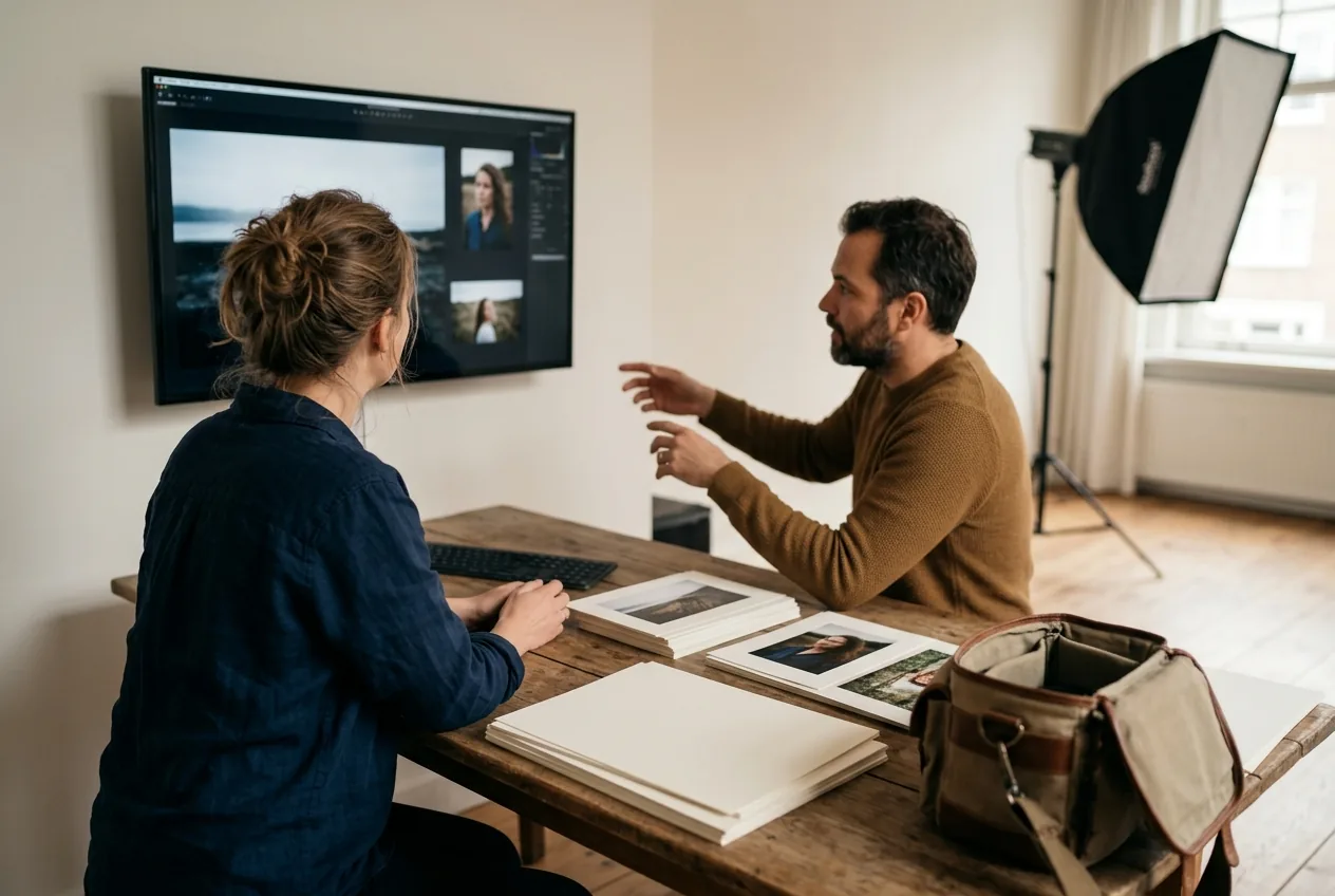 Studio met fotograaf en opdrachtgever die beelden bekijken en prints bespreken