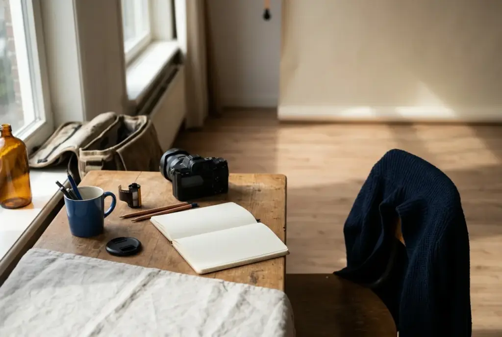 Een fotostudio met camera en notitieboek op een houten tafel, licht en rustig
