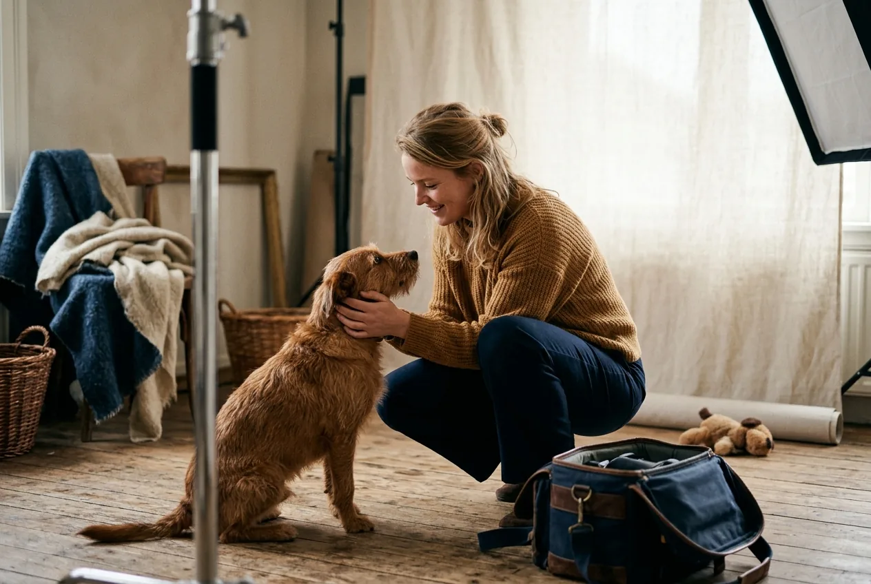 Vrouw stelt haar hond gerust voor indoor fotoshoot met zachte props
