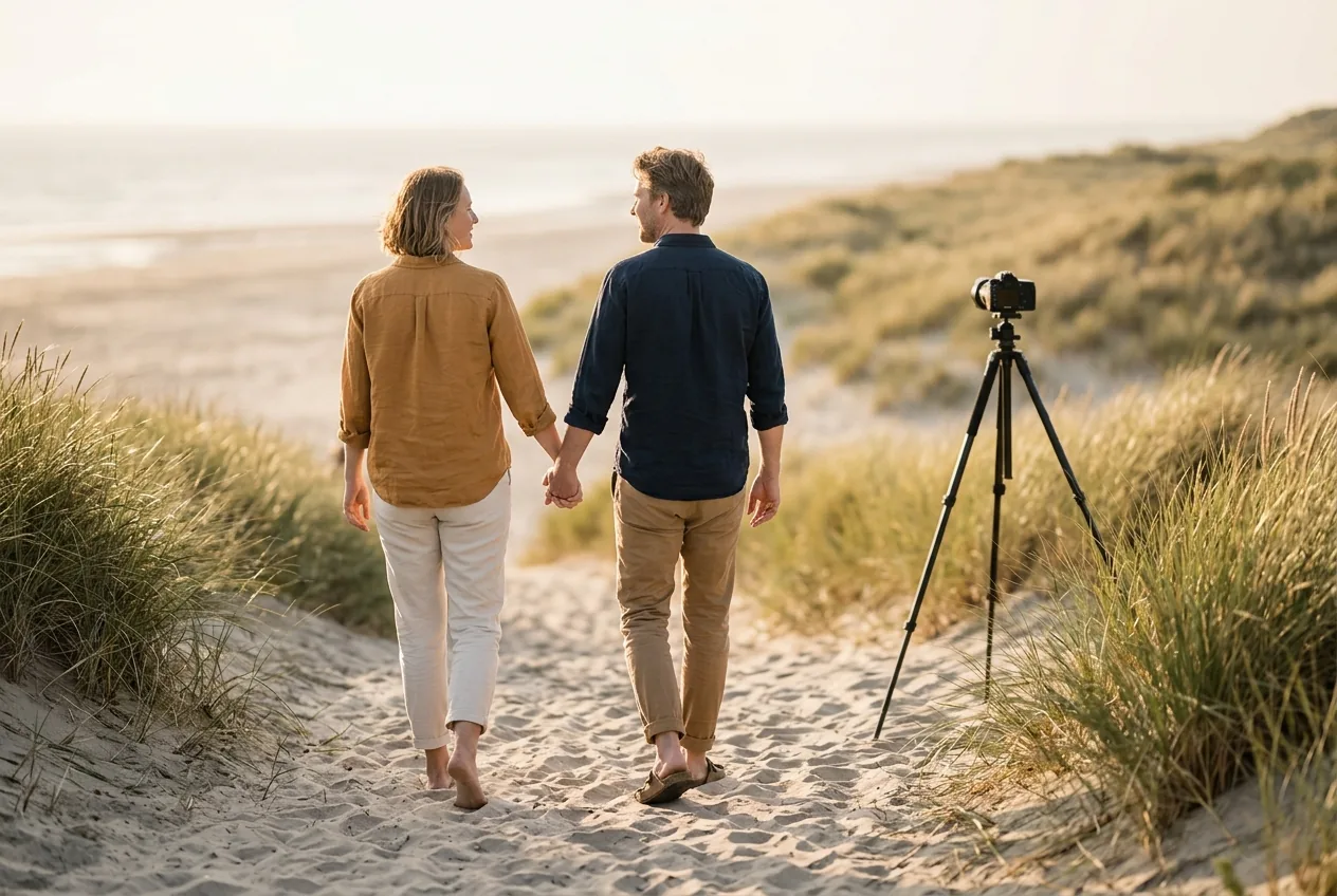 Stel tijdens loveshoot op het strand met camera op afstand