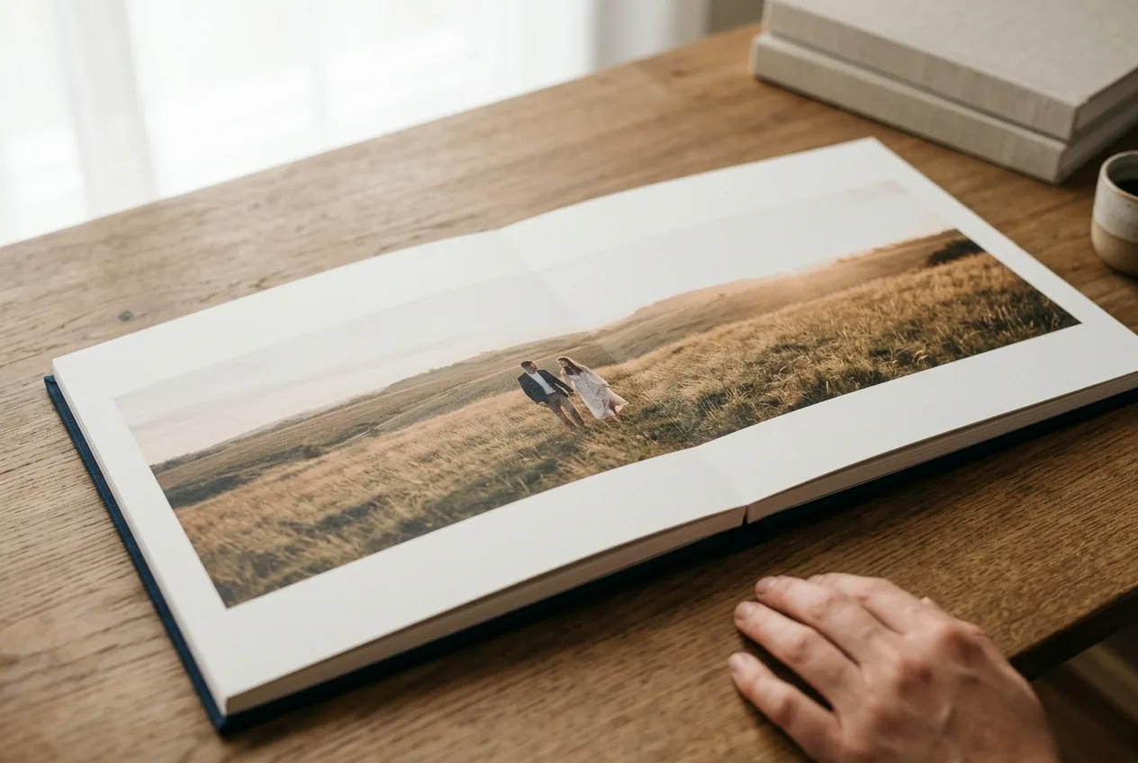 Lay-flat trouwalbum geopend met een foto over twee pagina's