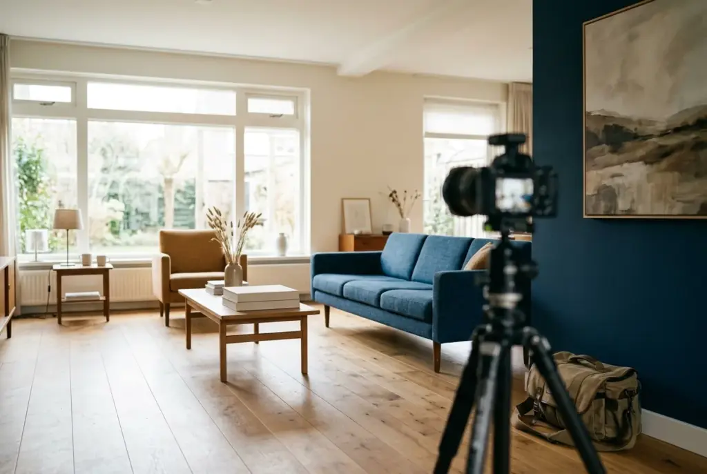Vastgoedfotograaf met statief fotografeert een moderne woonkamer met veel licht