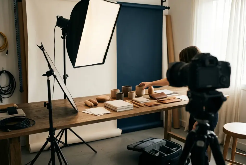 Studio-opstelling voor productfotografie met belichte tafel vol kleine producten